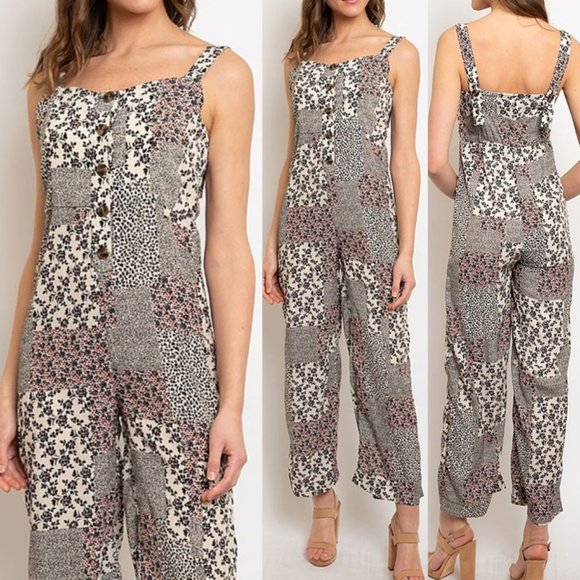 easel Pants - NEW Mix Floral Patch Print Button Front Jumpsuits